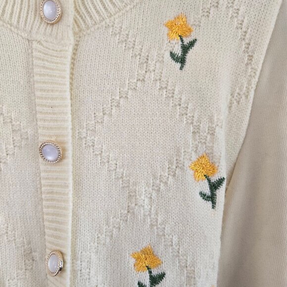 Vintage Sweater Top Knit Dress Cream with Floral Embroidery Pearl Buttons Midi - Picture 4 of 7